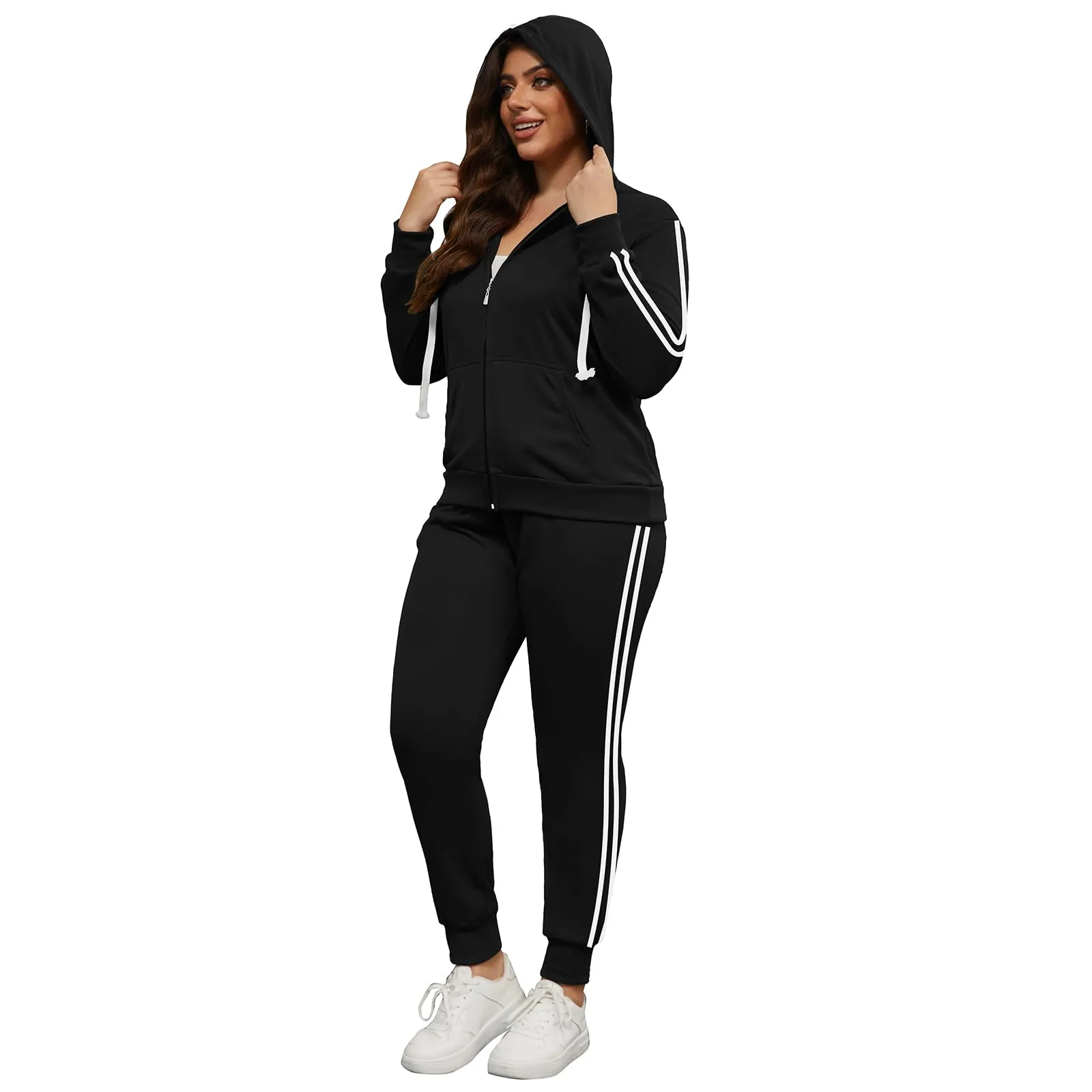 PINSV Women Plus Size 2 Piece Outfits Sweatsuits Hooded Tracksuit Jogging Suits