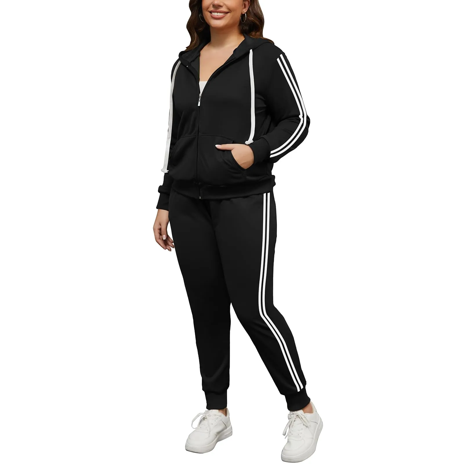 PINSV Women Plus Size 2 Piece Outfits Sweatsuits Hooded Tracksuit Jogging Suits