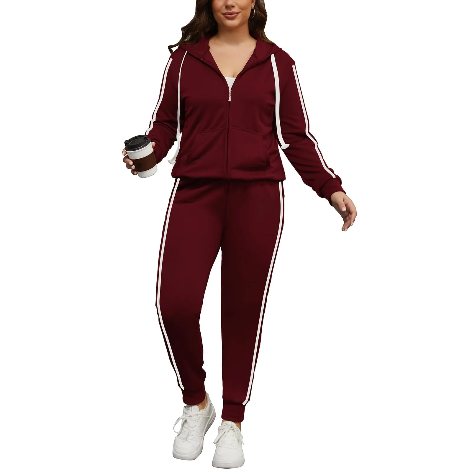 PINSV Women Plus Size 2 Piece Outfits Sweatsuits Hooded Tracksuit Jogging Suits