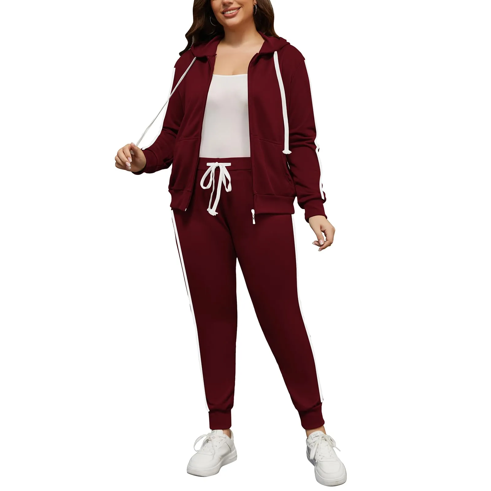 PINSV Women Plus Size 2 Piece Outfits Sweatsuits Hooded Tracksuit Jogging Suits