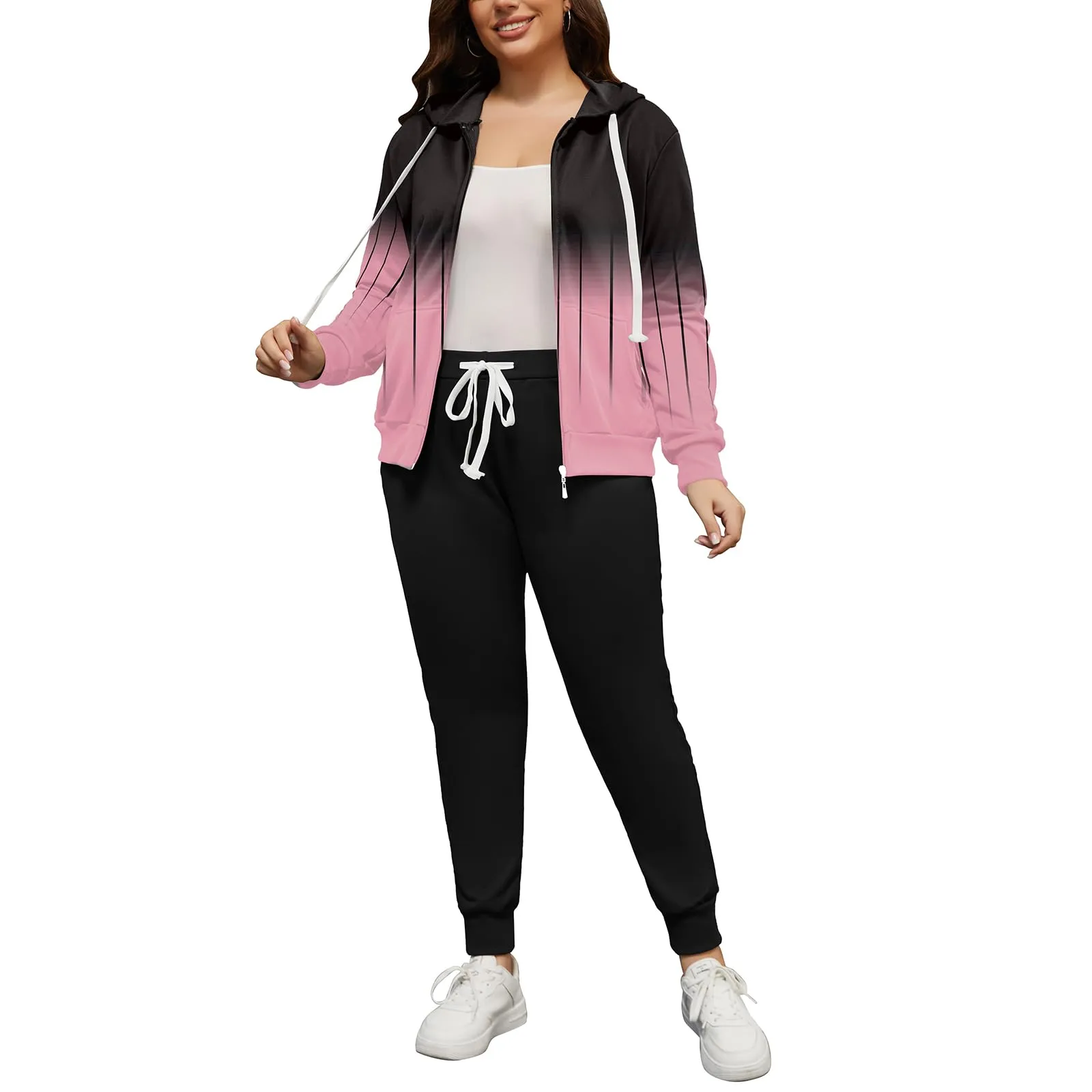 PINSV Women Plus Size 2 Piece Outfits Sweatsuits Hooded Tracksuit Jogging Suits