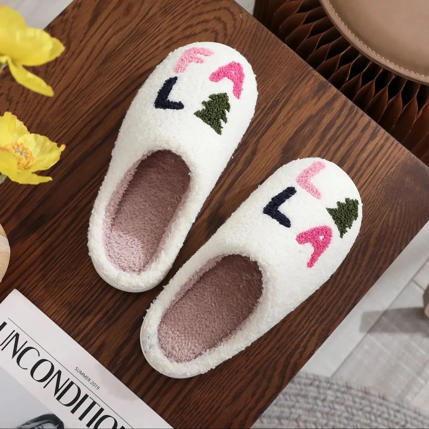 Preppy Aesthetic Fa La La Christmas Tree Holiday Cozy Slippers