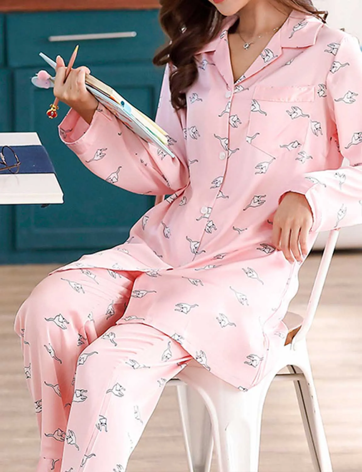 Satin Iced Silk Print Long Sleeve Pajamas Set