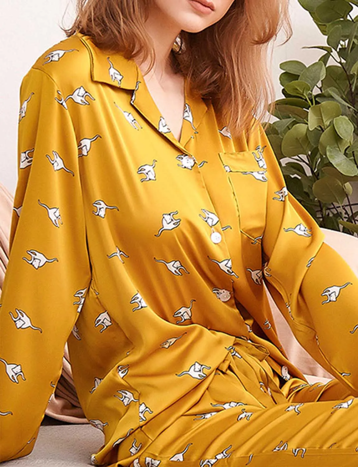 Satin Iced Silk Print Long Sleeve Pajamas Set