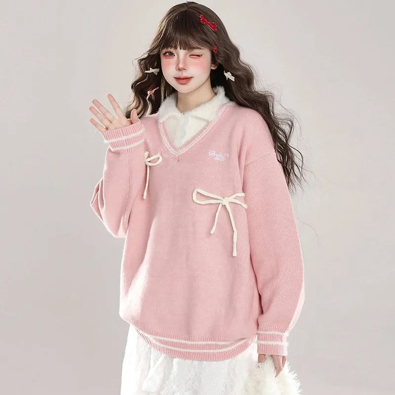 Sweet Girl Style Pink Fake Two-Piece Sweater
