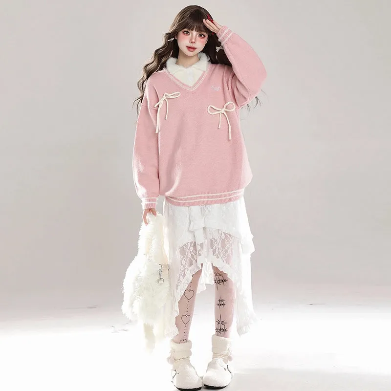 Sweet Girl Style Pink Fake Two-Piece Sweater