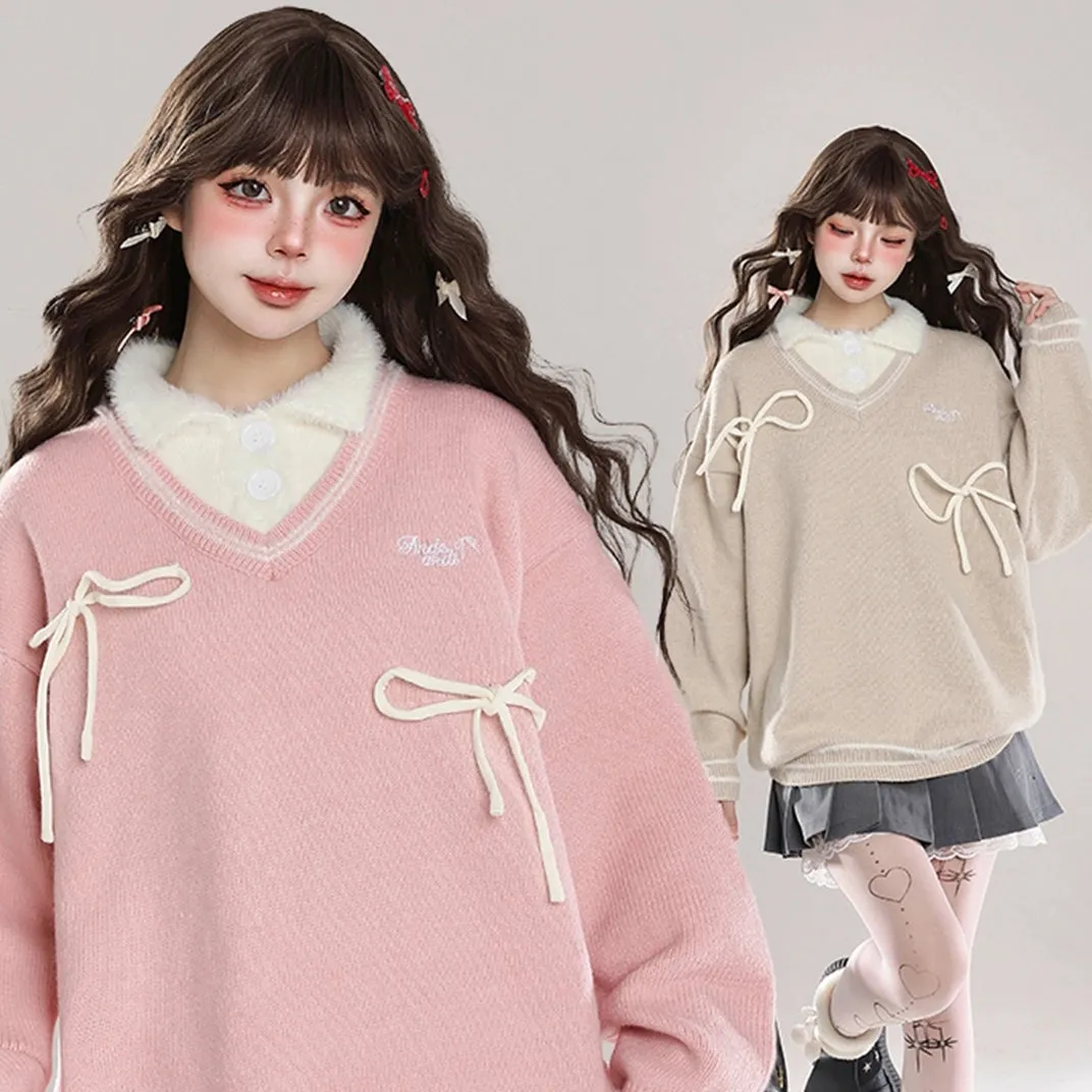 Sweet Girl Style Pink Fake Two-Piece Sweater