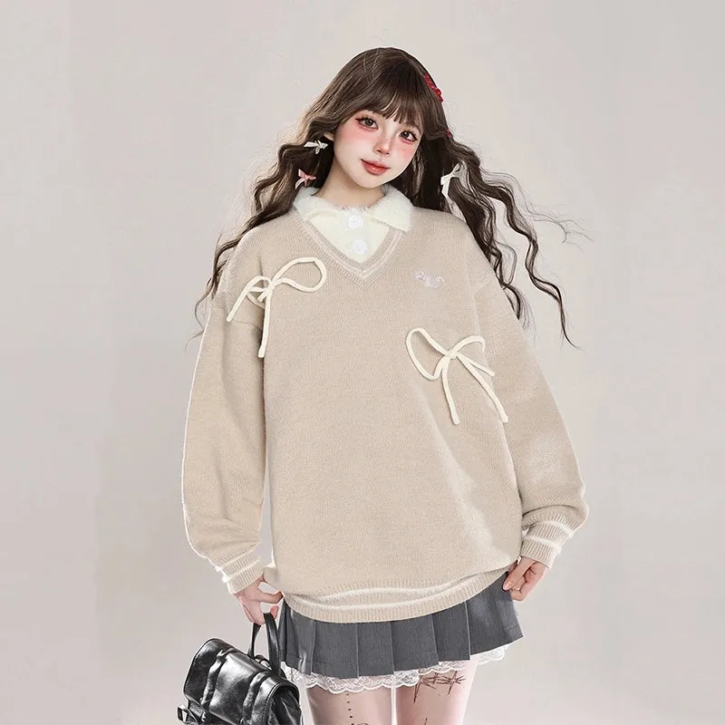 Sweet Girl Style Pink Fake Two-Piece Sweater