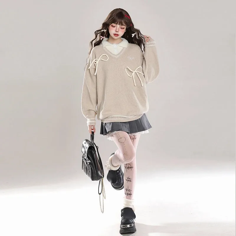 Sweet Girl Style Pink Fake Two-Piece Sweater