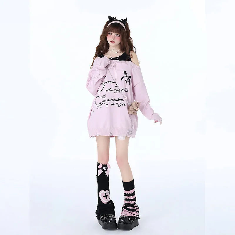 Sweet Girly Style Fake Two-Piece Off-Shoulder Sweater