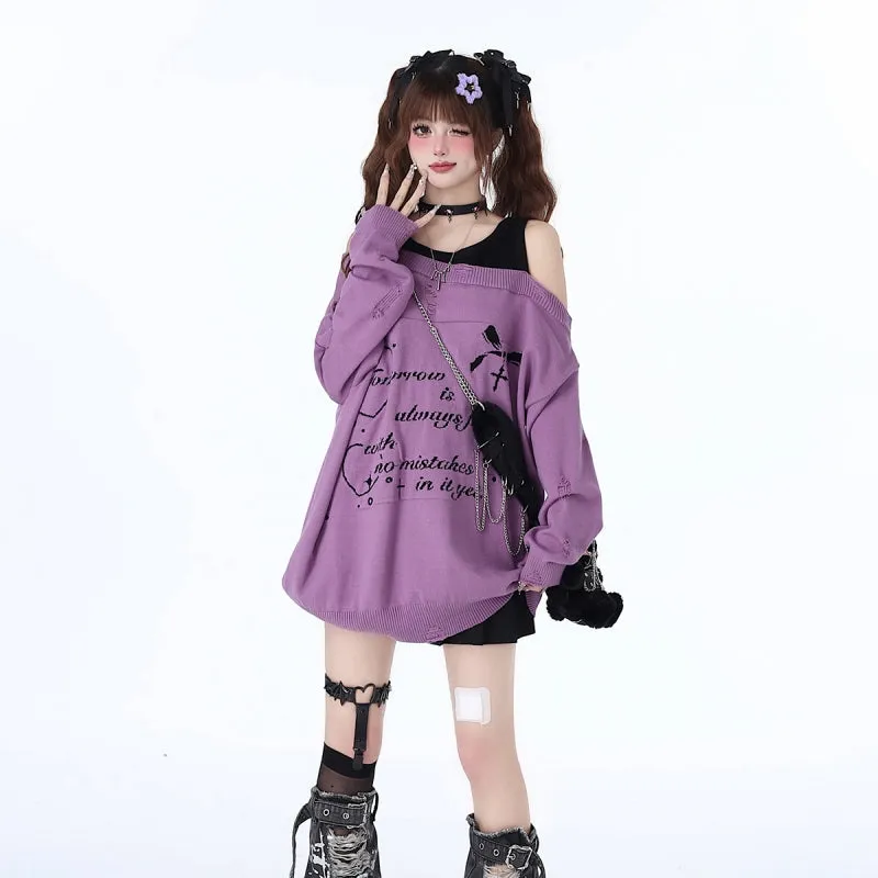 Sweet Girly Style Fake Two-Piece Off-Shoulder Sweater