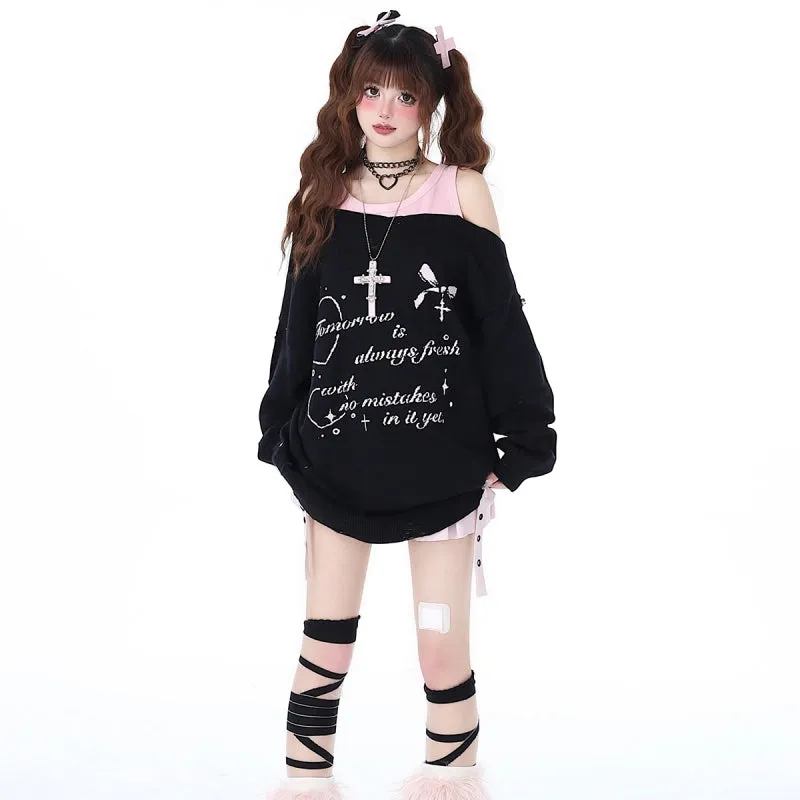 Sweet Girly Style Fake Two-Piece Off-Shoulder Sweater