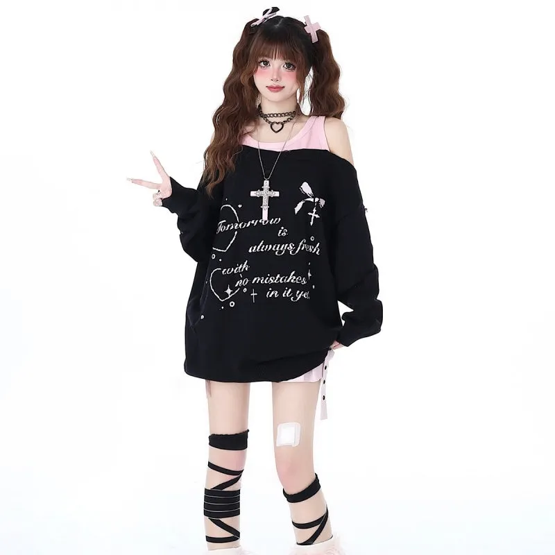 Sweet Girly Style Fake Two-Piece Off-Shoulder Sweater