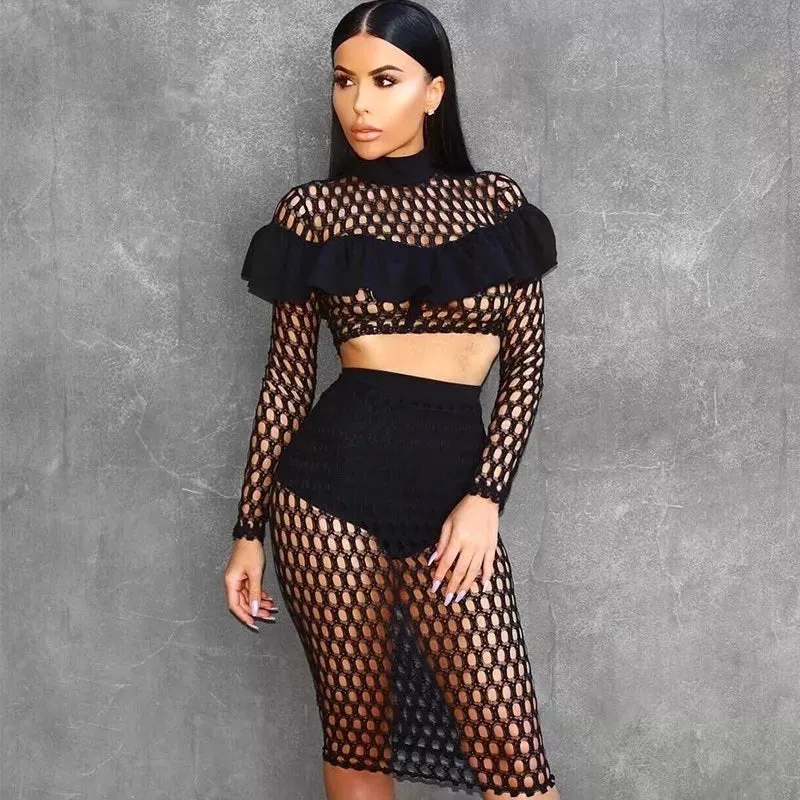 Women Long Sleeve Crop Top Netted Skirt Set