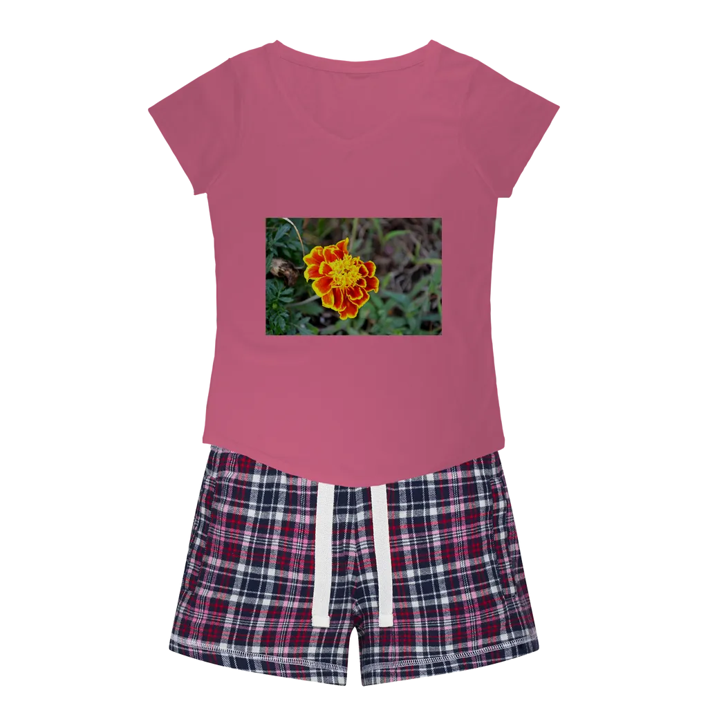 Yellow Red Flower Women's Sleepy Tee and Flannel Short